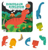 The Petit Collage Dinosaur Kingdom Magnetic Play Set features illustrated dinosaur pieces, such as a red T-rex, a green sauropod, and various colorful magnetic parts, displayed on a white background.