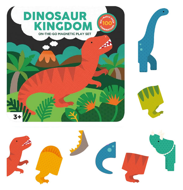 The Petit Collage Dinosaur Kingdom Magnetic Play Set features illustrated dinosaur pieces, such as a red T-rex, a green sauropod, and various colorful magnetic parts, displayed on a white background.