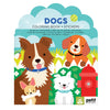 The Dogs Coloring Book + Stickers by Petit Collage features an illustrated cover with four cartoon dogs, a fire hydrant, a ball, and bones.