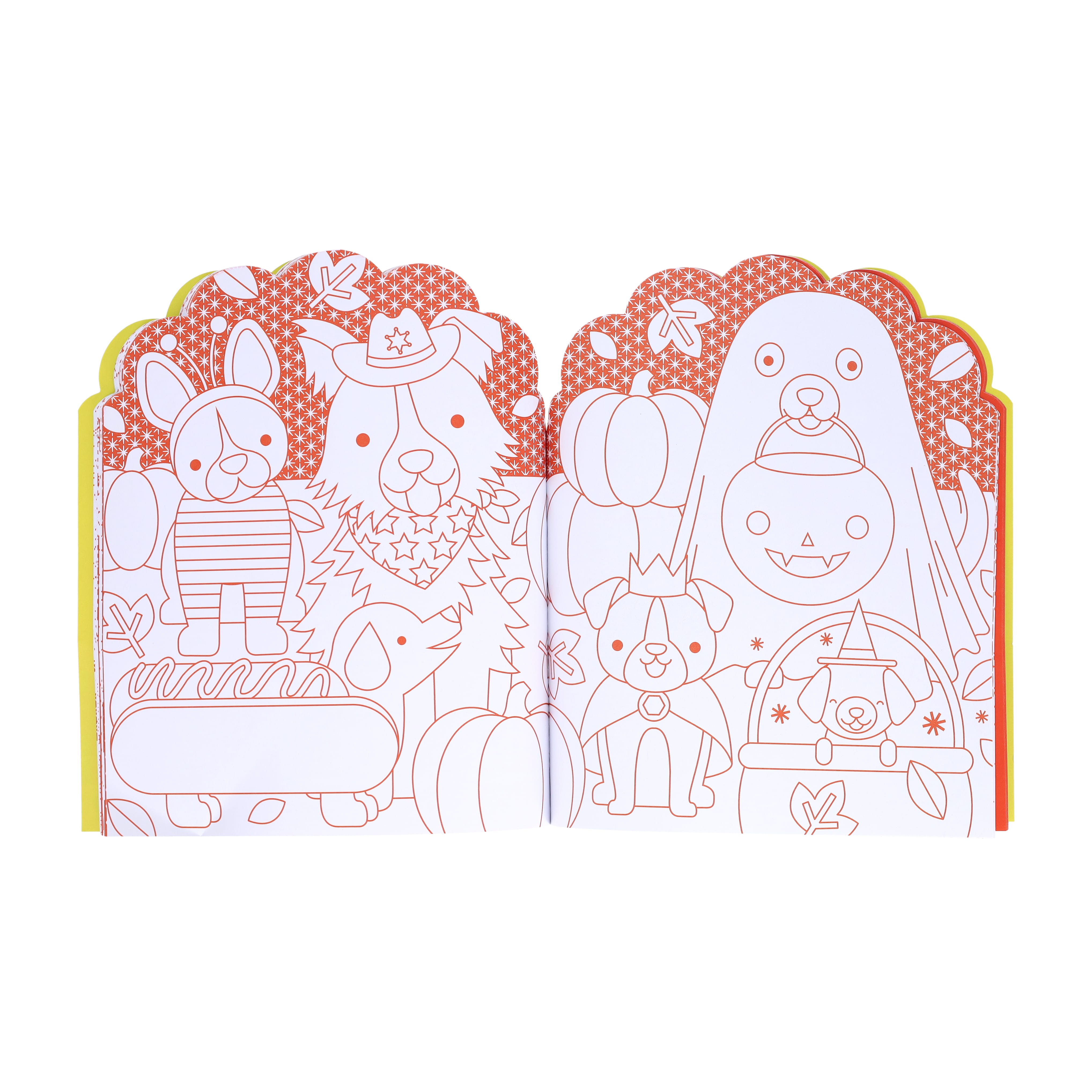 The Petit Collage Dogs Coloring Book + Stickers features open pages with orange outlines of dogs dressed in Halloween costumes—like clowns, alongside rabbits, pumpkins, and ghosts—ready for coloring.