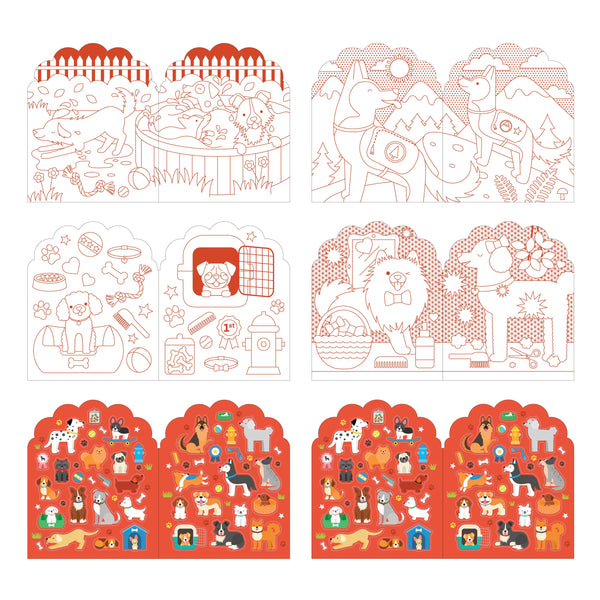 The Dogs Coloring Book + Stickers by Petit Collage includes four pairs of animal panels: two in outline style to color, and two fully colored with vibrant backgrounds and playful dogs.