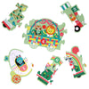 Six vibrant puzzle pieces from the Petit Collage Easter Parade Shaped Floor Puzzle feature circus animals in vehicles, each piece numbered 1 to 6, shown on a white background.