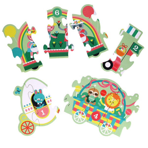The Easter Parade Shaped Floor Puzzle by Petit Collage features six illustrated, animal-themed pieces with vibrant carnival scenes, each numbered 1 to 6 and arranged on a white background.