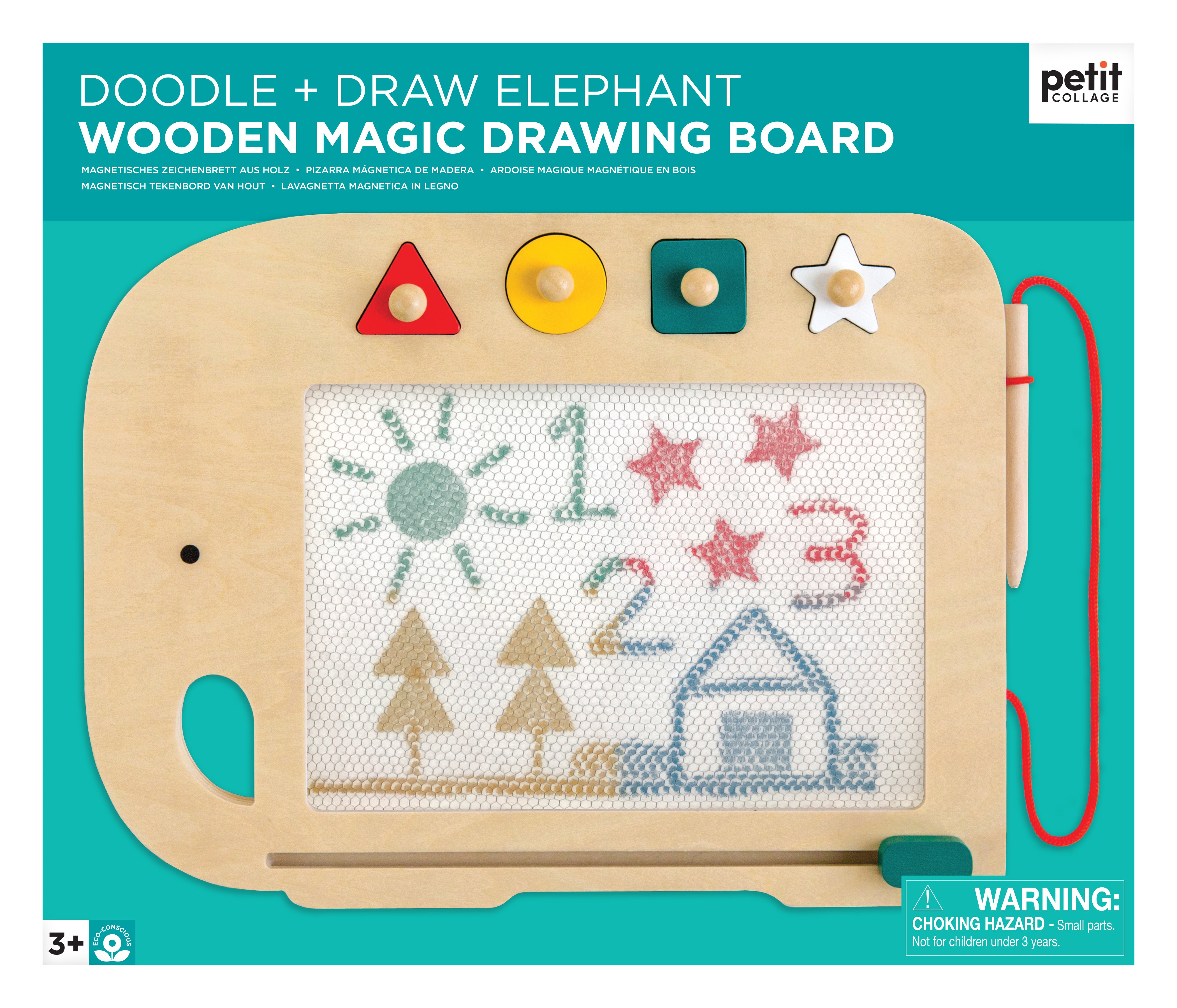 Petit Collage Wooden Elephant Magic Drawing Board with four geometric stamps and an attached stylus, featuring a screen filled with drawings of a sun, numbers, stars, trees, and a house.