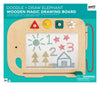 Petit Collage Wooden Elephant Magic Drawing Board with four geometric stamps and an attached stylus, featuring a screen filled with drawings of a sun, numbers, stars, trees, and a house.