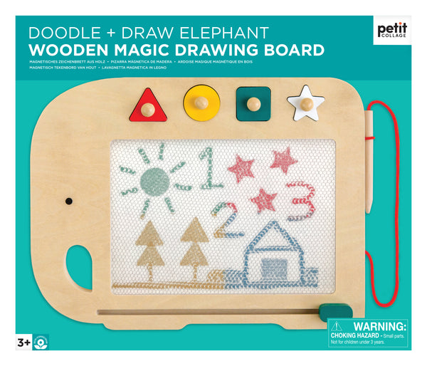 Petit Collage Wooden Elephant Magic Drawing Board with four geometric stamps and an attached stylus, featuring a screen filled with drawings of a sun, numbers, stars, trees, and a house.