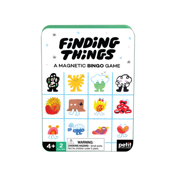 A rectangular tin box from Petit Collage labeled Finding Things Bingo: A Magnetic Travel Game, featuring colorful cartoon characters and a small parts warning for ages 4 and up.