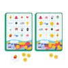 The Finding Things Bingo: A Magnetic Travel Game by Petit Collage includes two bingo boards with illustrated emotion faces and names, yellow star tokens, and an emotion card featuring Warm Fuzzy, a red and yellow fluffy character.