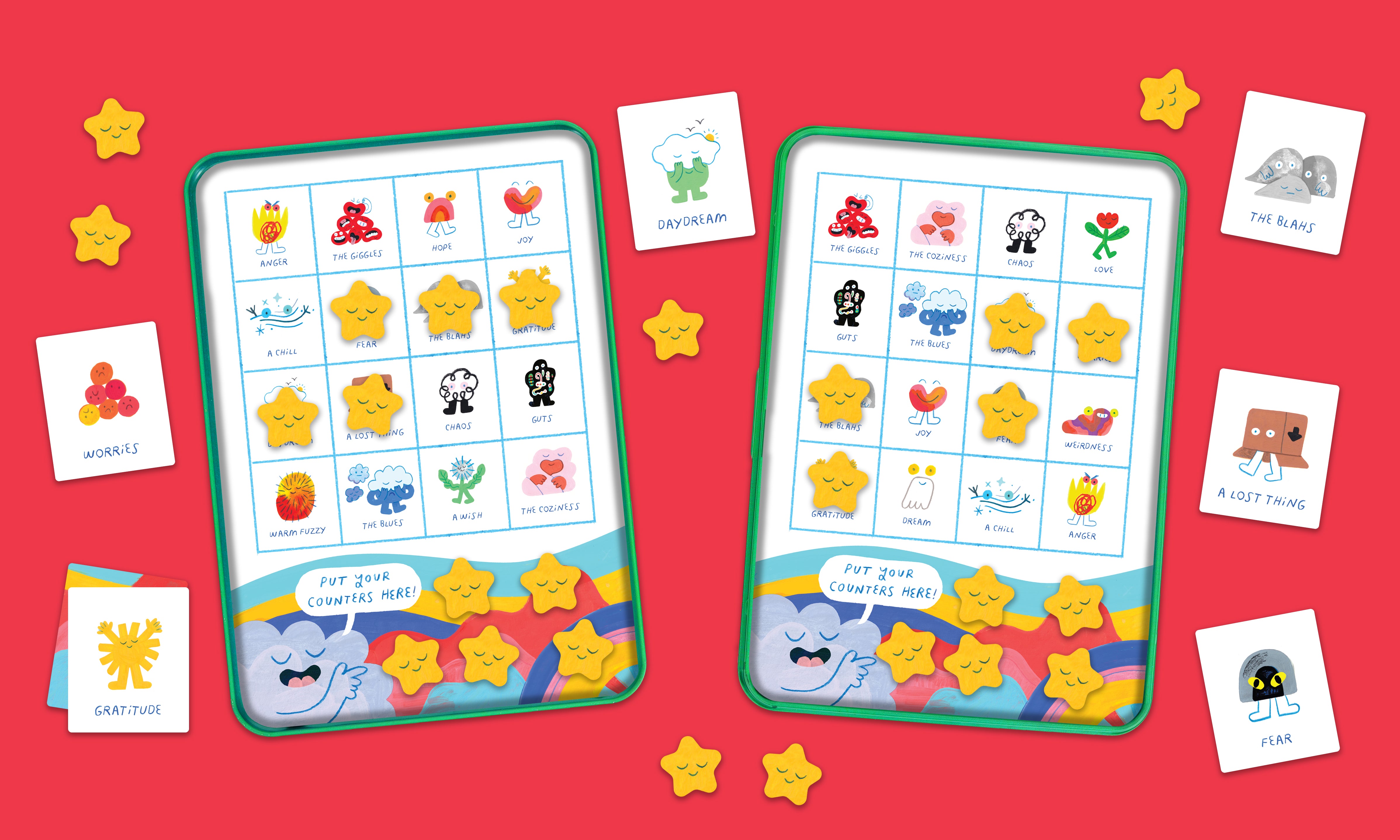 Finding Things Bingo: A Magnetic Travel Game by Petit Collage features two illustrated bingo cards with cartoon faces, emotion cards, and yellow stars on a red background.