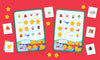 Finding Things Bingo: A Magnetic Travel Game by Petit Collage features two illustrated bingo cards with cartoon faces, emotion cards, and yellow stars on a red background.