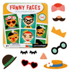 Petit Collage Funny Faces Magnetic Play Set Tin includes a variety of mix-and-match face pieces—such as hats, glasses, bows, eyes, mustaches, and a nose—arranged around the handy tin box.