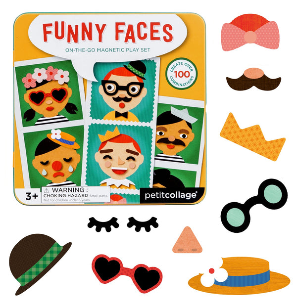 Petit Collage Funny Faces Magnetic Play Set Tin includes a variety of mix-and-match face pieces—such as hats, glasses, bows, eyes, mustaches, and a nose—arranged around the handy tin box.