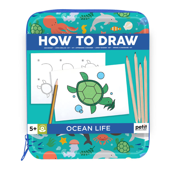 Petit Collage’s How to Draw Ocean Life art kit for kids includes drawing supplies and displays a sample turtle illustration on the front.