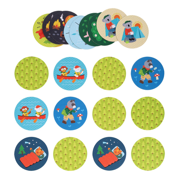 Petit Collage's Little Campers Matching Game is a set of circular cards with camping-themed illustrations—animals canoeing, hiking, camping, sleeping—and tree pattern designs.