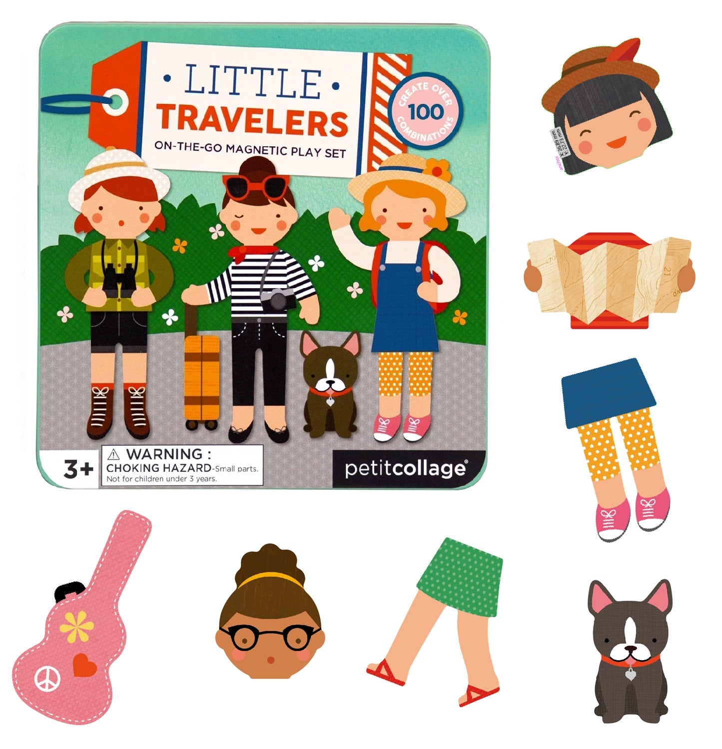 The Little Travelers Magnetic Play Set Tin by Petit Collage features illustrated children, a dog, a map, a suitcase, a guitar case, and mix-and-match magnetic accessories displayed on a white background.