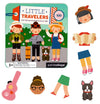 The Little Travelers Magnetic Play Set Tin by Petit Collage features illustrated children, a dog, a map, a suitcase, a guitar case, and mix-and-match magnetic accessories displayed on a white background.