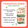 The Mini Craft Kit: Toadstool Purse by Petit Collage, designed for ages 6 and up, is shown alongside its box, easy-to-follow instructions, and features such as high-quality materials—all displayed on a red and white background.