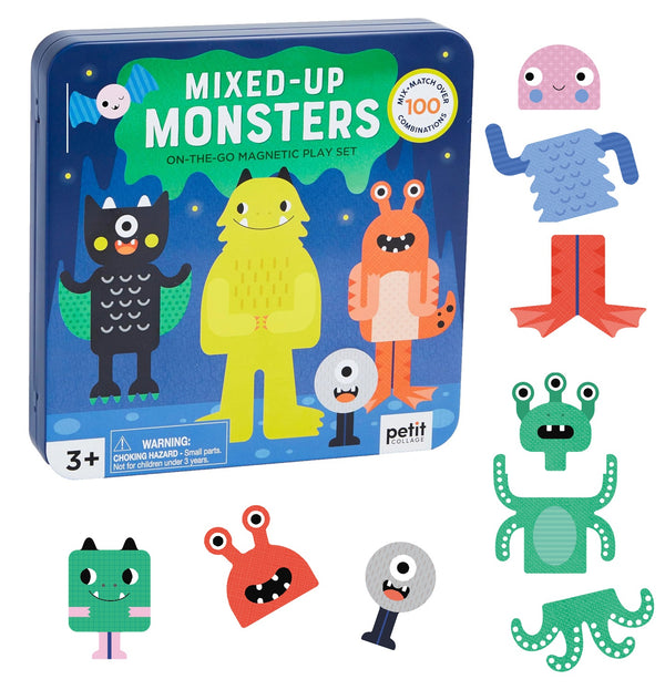 A Petit Collage Mixed Up Monsters Magnetic Play Set Tin is displayed, with six colorful, cartoon monster magnets arranged to the right of the box.