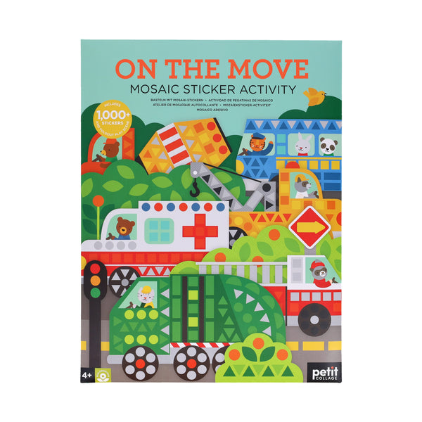 Box cover of Petit Collage’s Mosaic Sticker Activity: On the Move, showcases colorful vehicles, animals, and buildings, with text highlighting 1,000+ stickers and that it’s suitable for ages 4+.