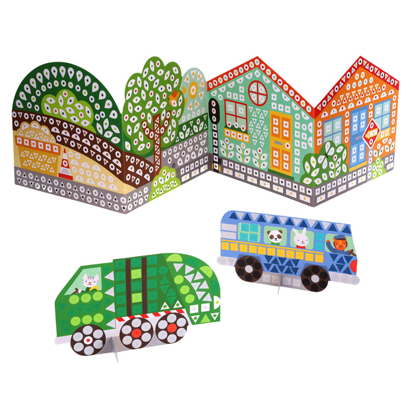 Create a playful town scene with Petit Collage's Mosaic Sticker Activity: On the Move, featuring colorful paper cutouts of houses, trees, a garbage truck, and a bus filled with animal passengers.