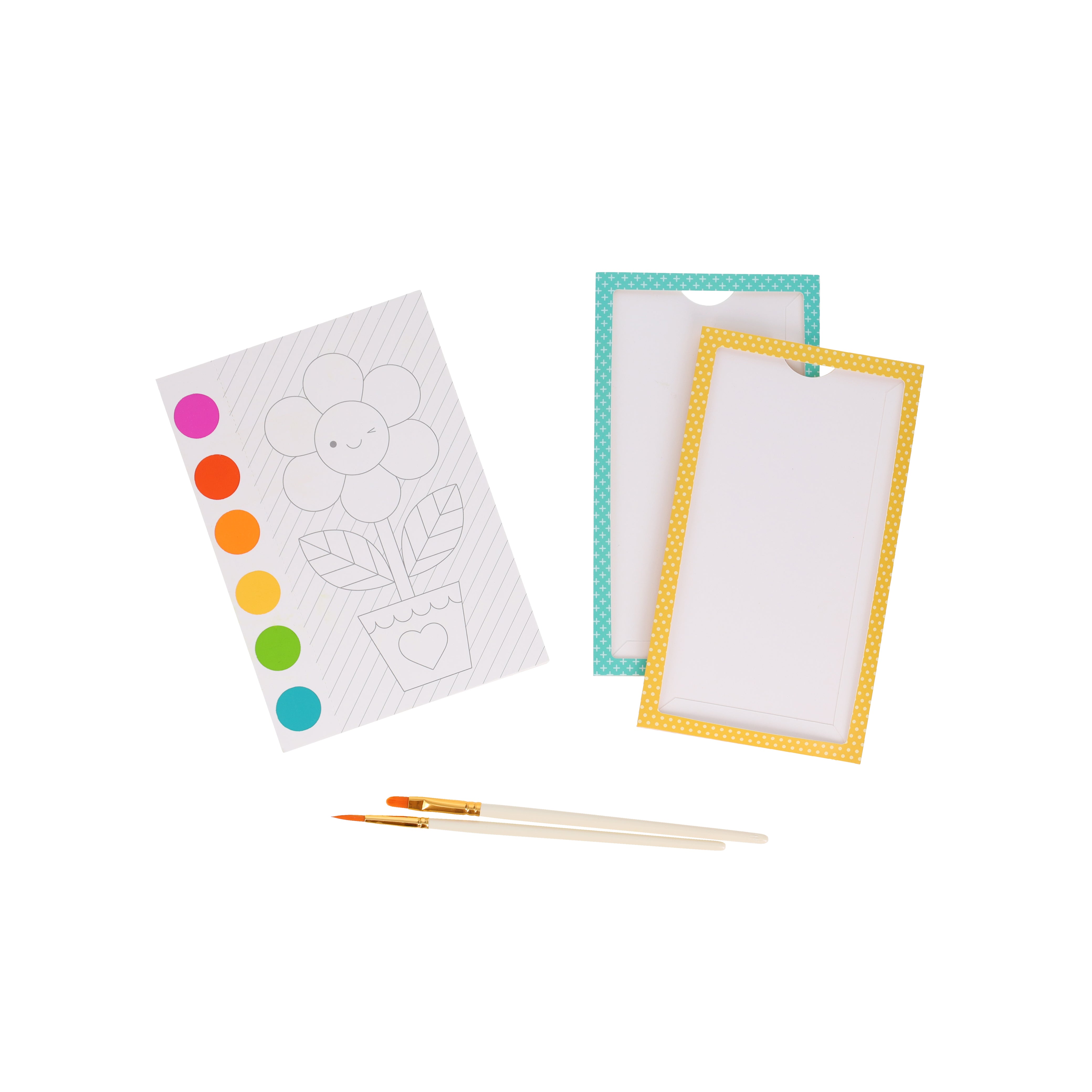 The Petit Collage Mini Masterpieces My Painting Set includes a flower coloring sheet with paint dots, two blank sheets with colored borders, and two paintbrushes on a white background.