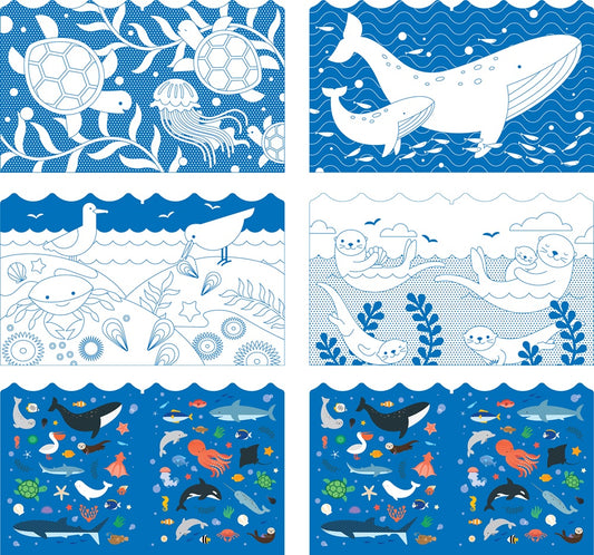 The Petit Collage Ocean Coloring Book + Stickers features six panels with ocean scenes and sea creatures—turtles, jellyfish, whales, otters, birds, and fish—illustrated in blue, white, and vibrant colors.