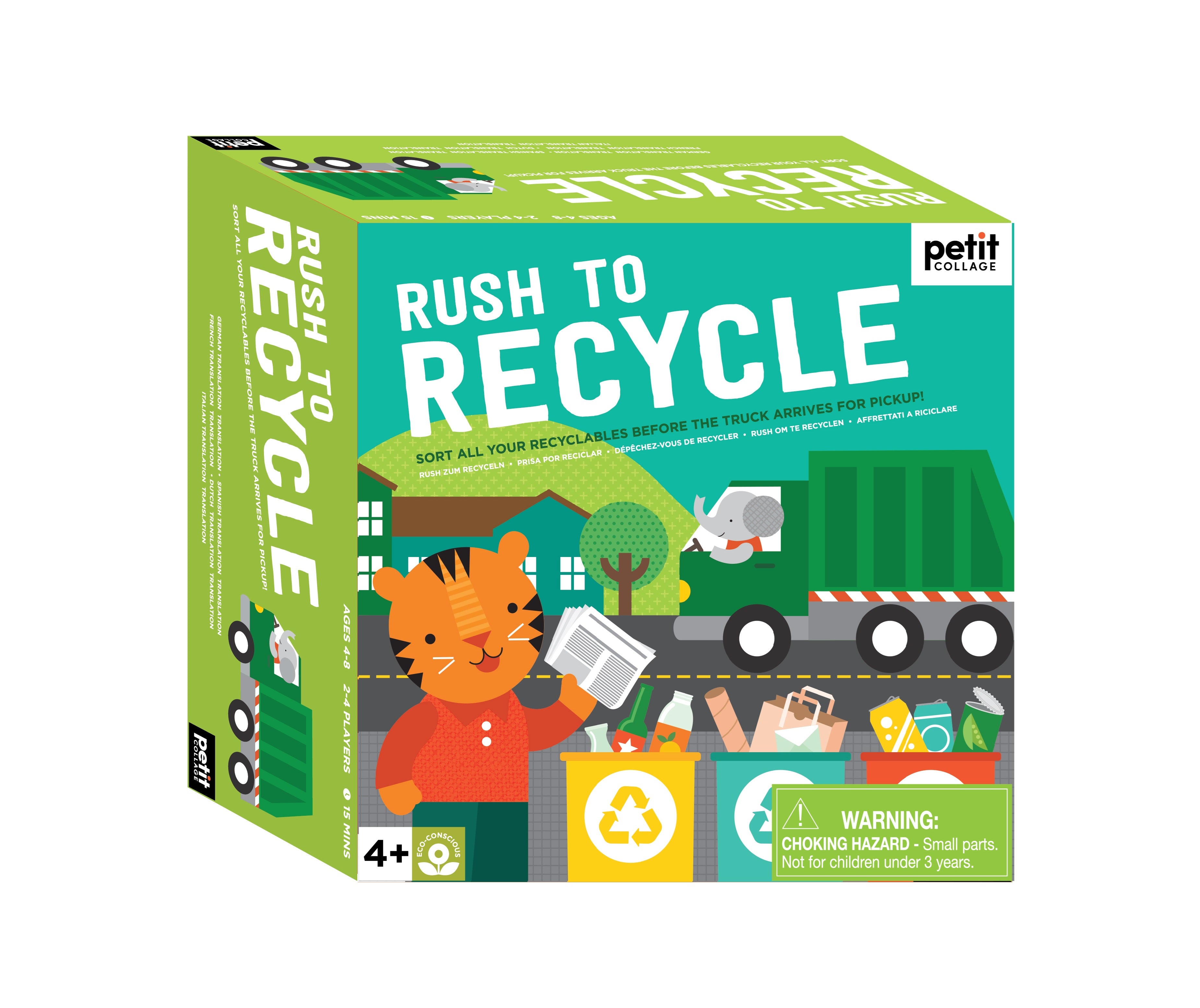 The Petit Collage Rush to Recycle board game box features illustrated animals sorting recyclables into bins with a recycling truck in the background. Suitable for ages 4 and up.