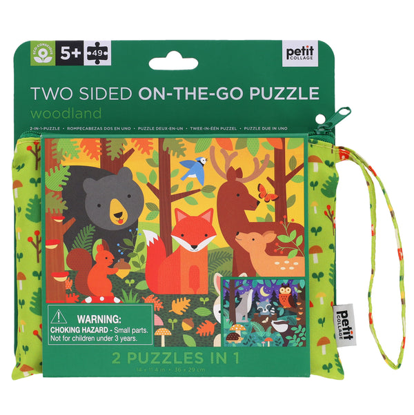 The Petit Collage Two-sided Woodland On-the-Go Puzzle, for ages 5+, comes in a green zippered pouch with animal illustrations; includes a choking hazard warning.