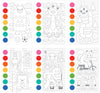 Petit Collage’s Paint by Numbers: Monsters includes eight black-and-white cartoon coloring pages with paint color dots, featuring playful monsters, animals, and vehicles in various fun scenes.