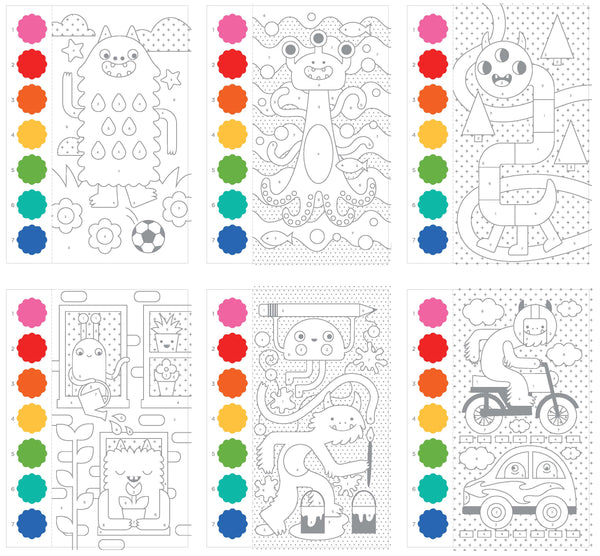 Petit Collage’s Paint by Numbers: Monsters includes eight black-and-white cartoon coloring pages with paint color dots, featuring playful monsters, animals, and vehicles in various fun scenes.