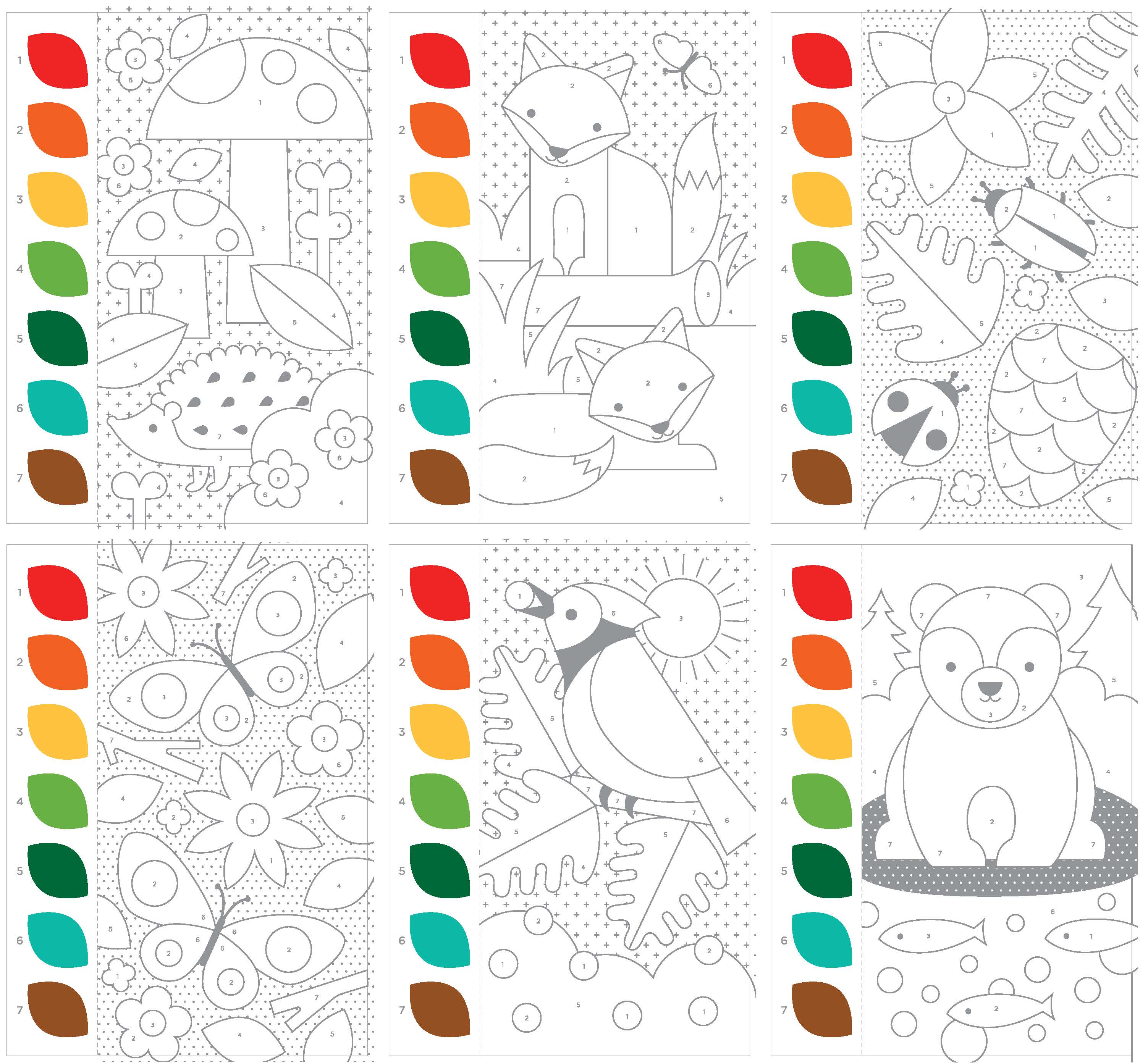 Petit Collage’s Paint by Numbers: Woodland includes six watercolor pages with forest animals and nature scenes, each featuring a color palette strip on the left for painting guidance.
