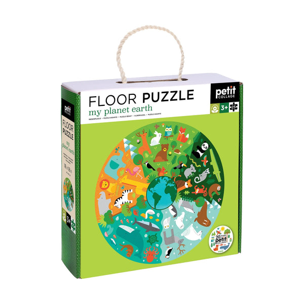 A green Petit Collage box labeled "Floor Puzzle: My Planet Earth" shows animals and plants circling a globe; suitable for ages 3+.