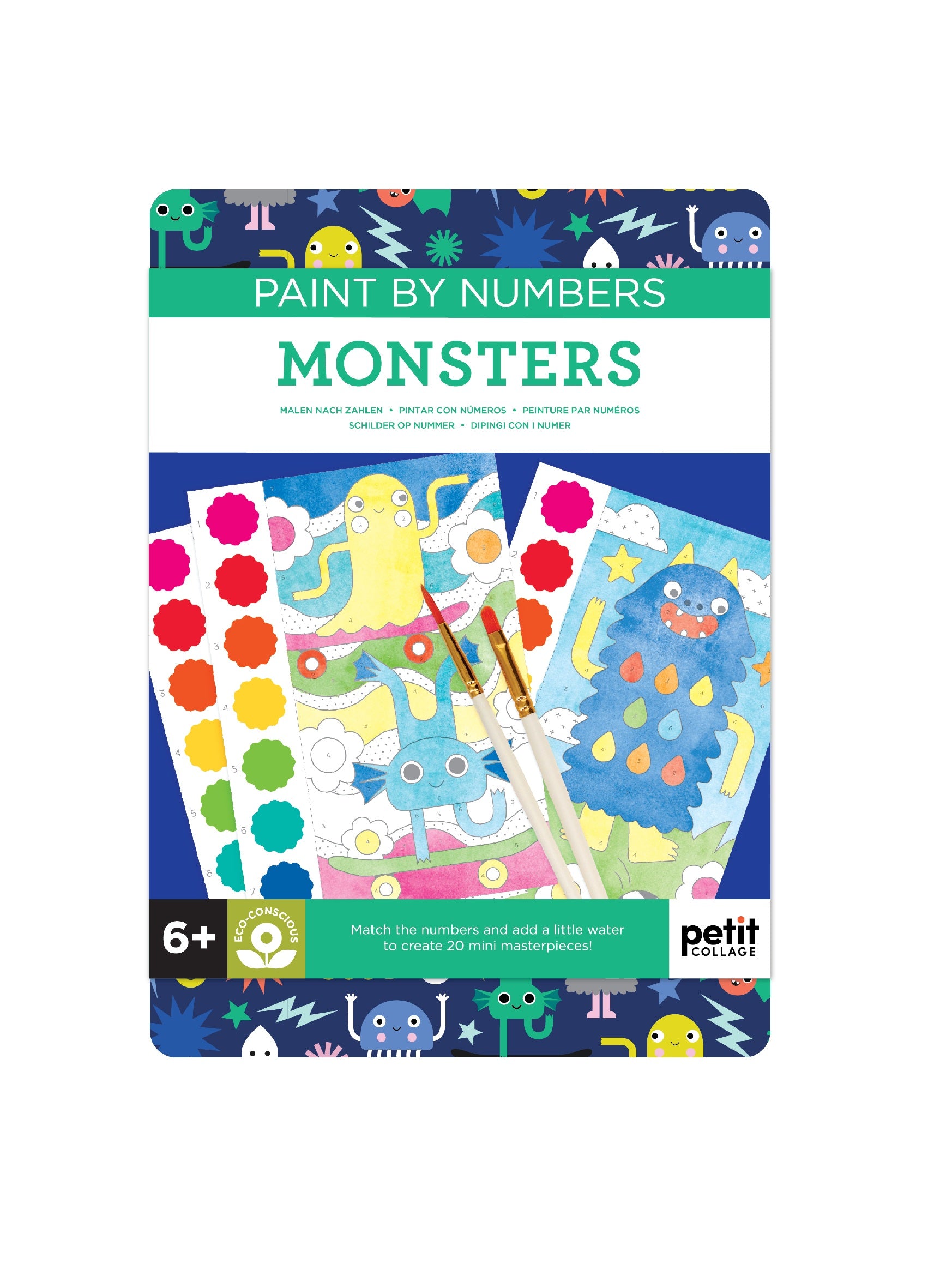 Petit Collage's Paint by Numbers: Monsters kit includes monster designs, paint colors, and brushes; perfect for kids ages 6 and up.