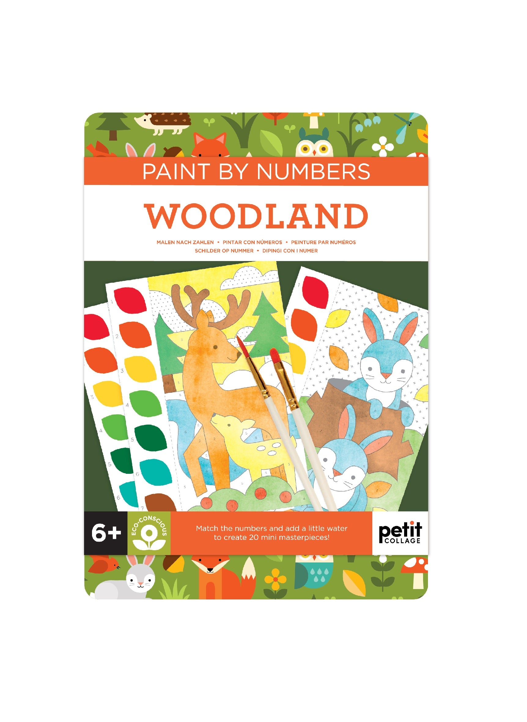 Petit Collage Paint by Numbers: Woodland kit includes woodland animal designs, paint colors, and brushes; perfect for ages 6 and up.