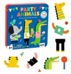 The Petit Collage Party Animals Magnetic Play Set Tin features illustrated animal characters and vibrant magnetic costume pieces for children ages 3 and up, with loose magnetic pieces displayed beside the tin.
