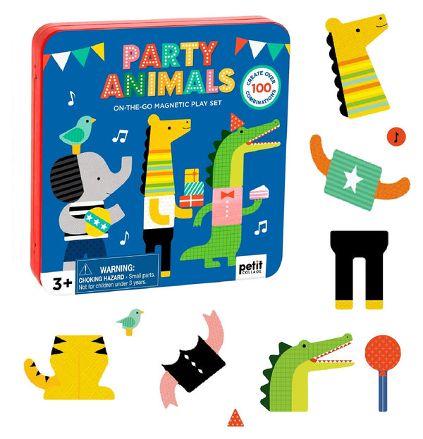 The Petit Collage Party Animals Magnetic Play Set Tin features illustrated animal characters and vibrant magnetic costume pieces for children ages 3 and up, with loose magnetic pieces displayed beside the tin.