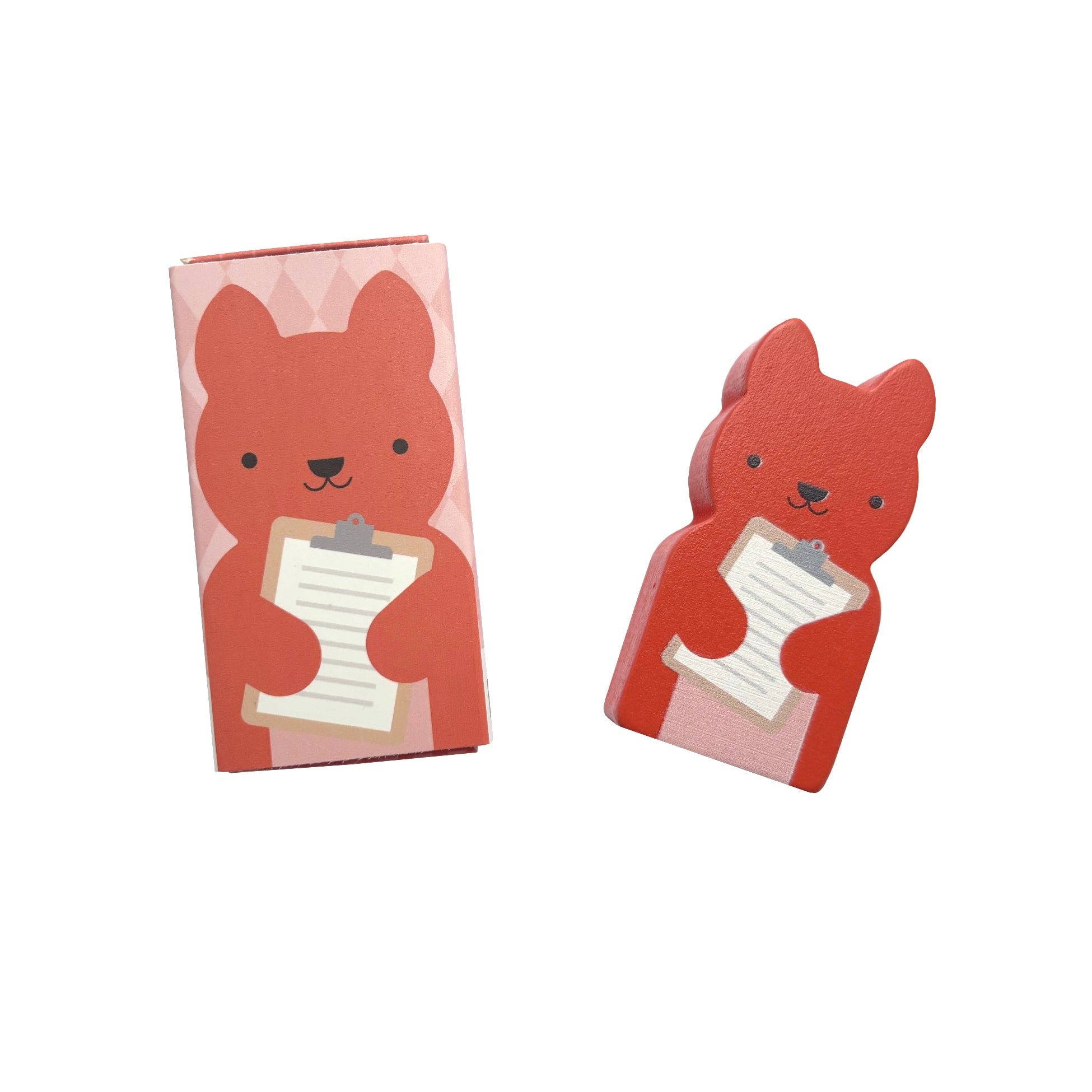 A Petit Collage Wooden Planet Pal: Sustainable Sam figure and matching box, both featuring an illustration of a red animal holding a clipboard.