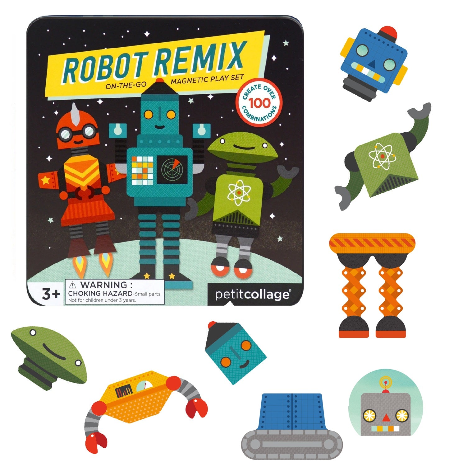 Introducing the Petit Collage Robot Remix Magnetic Play Set Tin—a colorful set for ages 3 and up featuring a variety of magnetic robot parts and completed robot figures, all neatly arranged around the tin box.
