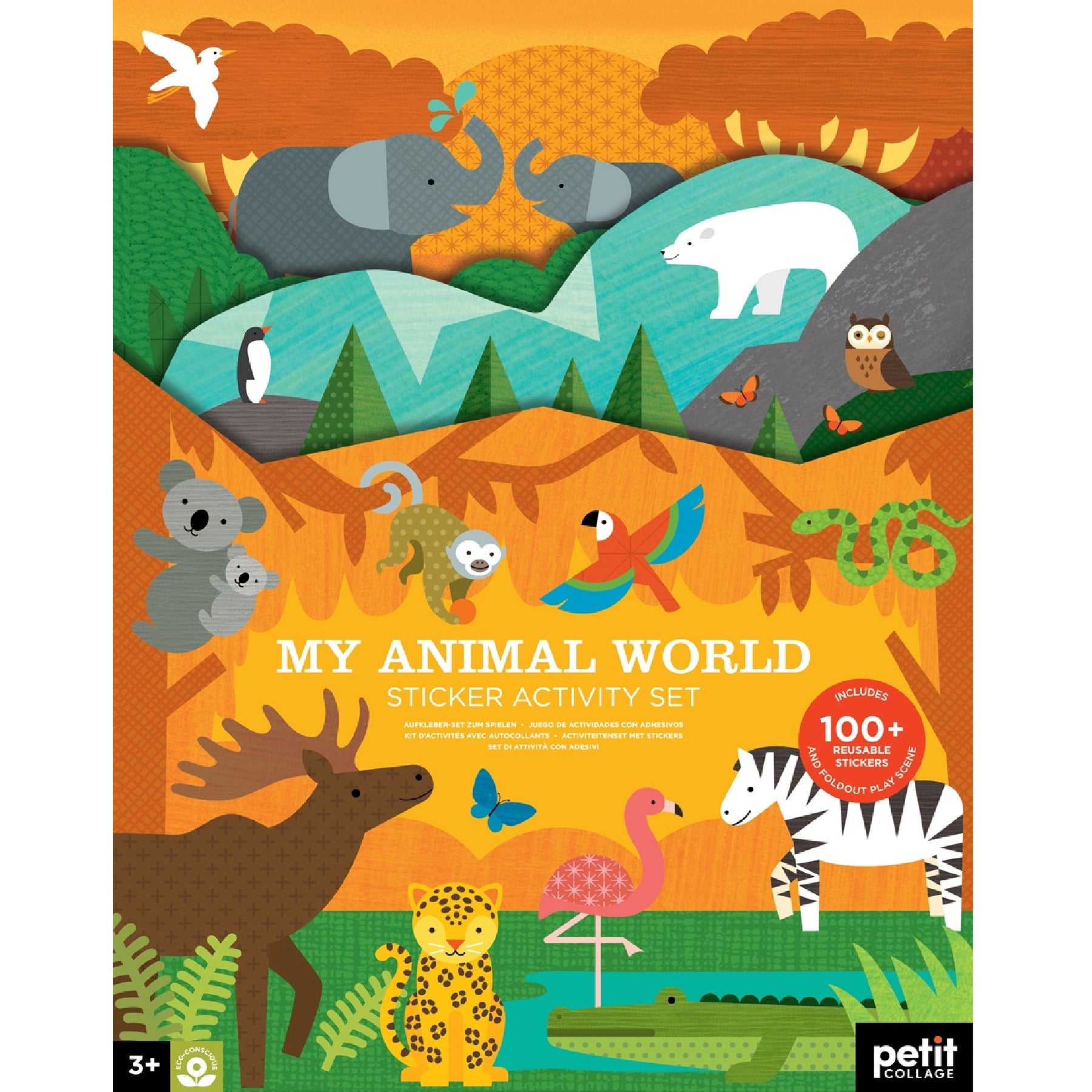 The Petit Collage My Animal World Sticker Activity Set features a colorful illustrated cover with animals such as a polar bear, zebra, flamingo, koala, and tiger in a vibrant layered landscape.