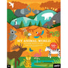 The Petit Collage My Animal World Sticker Activity Set features a colorful illustrated cover with animals such as a polar bear, zebra, flamingo, koala, and tiger in a vibrant layered landscape.
