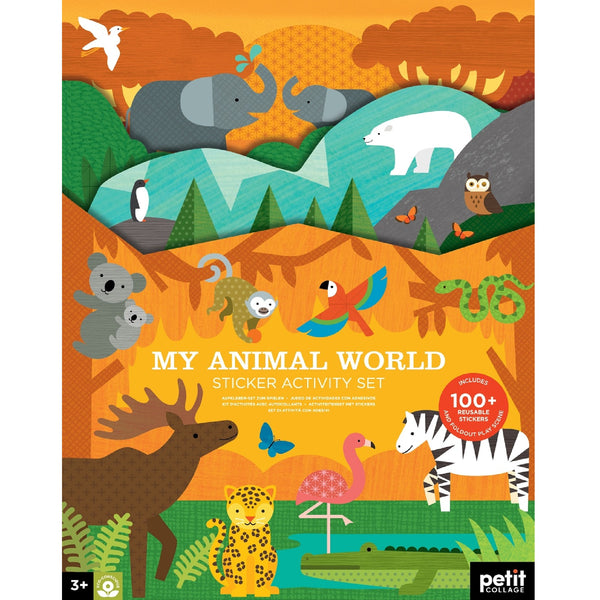 The Petit Collage My Animal World Sticker Activity Set features a colorful illustrated cover with animals such as a polar bear, zebra, flamingo, koala, and tiger in a vibrant layered landscape.