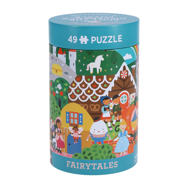 Cylindrical container labeled Spot the Difference Puzzle: Fairy Tales by Petit Collage, featuring colorful illustrations of classic fairy tale characters and scenes.