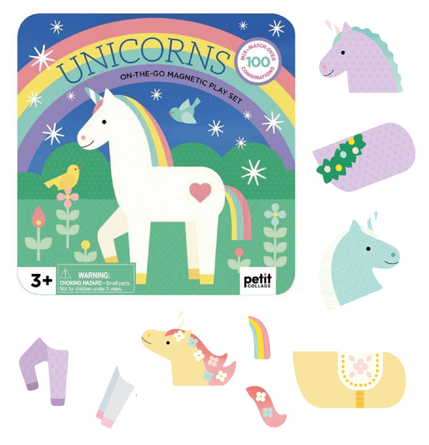 Petit Collage Unicorns Magnetic Play Set Tin displayed with its illustrated unicorn and rainbow design, shown alongside magnetic unicorn parts and accessories on a white background.