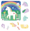 Petit Collage Unicorns Magnetic Play Set Tin displayed with its illustrated unicorn and rainbow design, shown alongside magnetic unicorn parts and accessories on a white background.