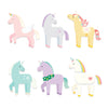 The Unicorns Magnetic Play Set by Petit Collage features six illustrated unicorns with unique pastel colors, patterns, and decorations, arranged in two rows on a white background.