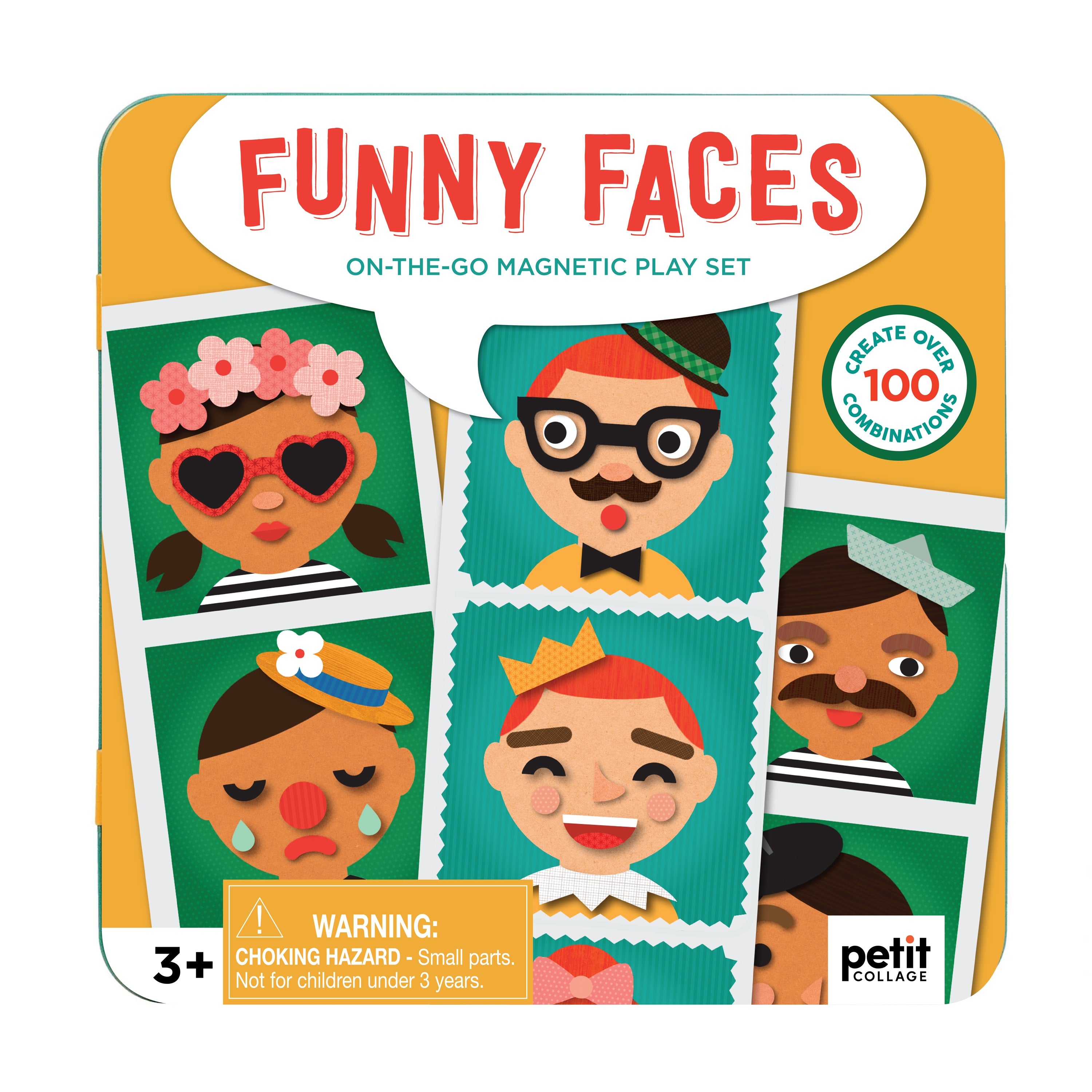 Square tin for Petit Collage Funny Faces Magnetic Play Set featuring mix-and-match cartoon faces. Warning: Choking hazard—contains small parts. Not for children under 3 years.