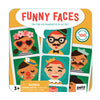 Square tin for Petit Collage Funny Faces Magnetic Play Set featuring mix-and-match cartoon faces. Warning: Choking hazard—contains small parts. Not for children under 3 years.