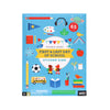 Front cover of the Petit Collage First & Last Day of School Sticker Sign kit, featuring school-themed stickers and icons on a blue background.